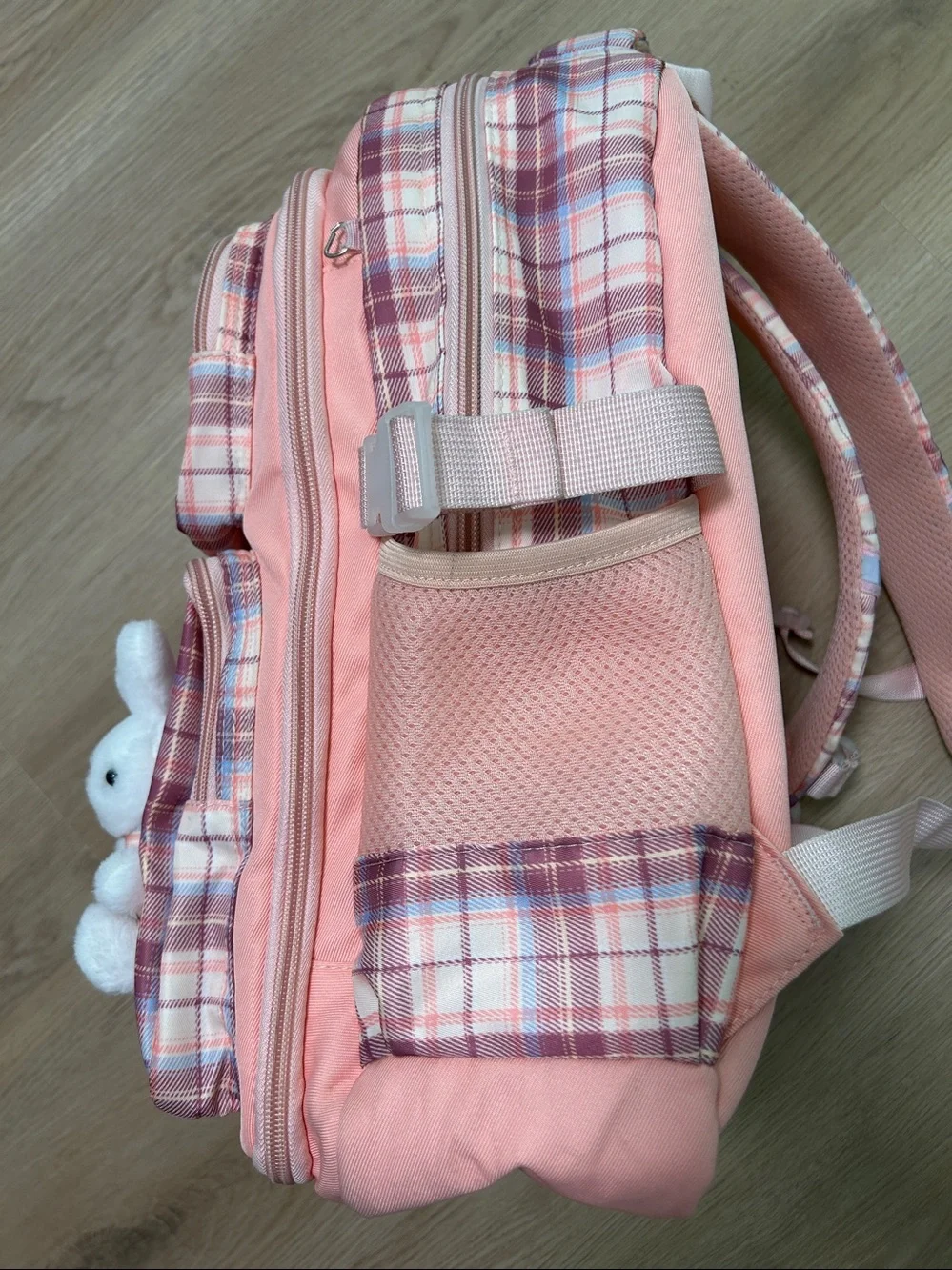 Kids Plaid School Backpack with Bunny Charm-Girls Bunny Backpack with lunchbox